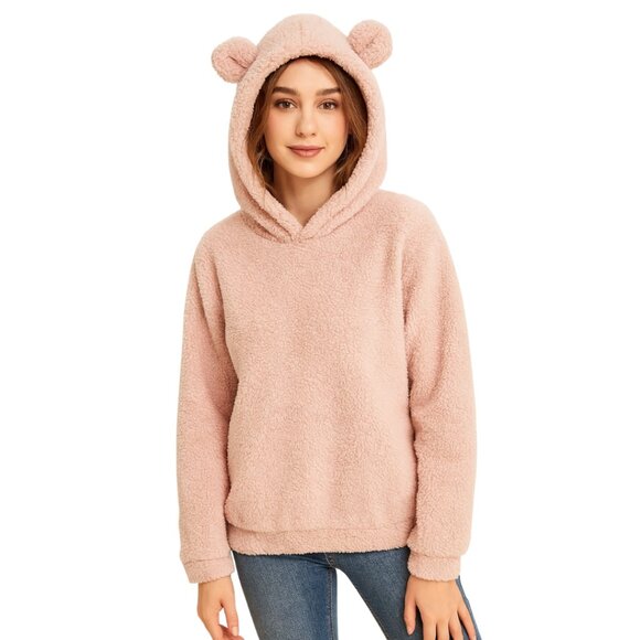 Shein Pink Fuzzy Bear Ear Hoodie – Size Large - Picture 1 of 16